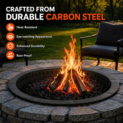 Smokeless 48 Inch Fire Pit Ring With Perforated Steel Insert, visible in stone patio setting with firewood and flames.