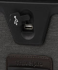 Close-up of USB port on Underseat Spinner Tote With USB Port For Easy Travel 16 Inch Carry On Luggage In Vintage Grey