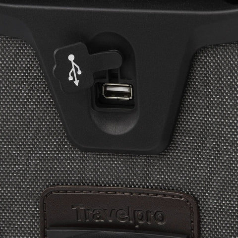 Close-up of USB port on Underseat Spinner Tote With USB Port For Easy Travel 16 Inch Carry On Luggage In Vintage Grey