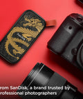 Dragon Edition 1TB Portable SSD with USB-C next to camera on red background for fast backups with updated firmware