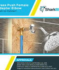 90 Degree Brass Push To Connect Female Adapter Elbow Half Inch To Half Inch Pack Of Six Plumbing Fittings For PEX Copper CPVC PE RT HDPE U308LF Great For Tight Spaces shown in a shower installation
