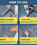 Instructions for using Clear Heavy Duty Fabric Glue For Clothes And Crafts, Extra Strong Adhesive That Dries Clear, 1.76 Oz on denim
