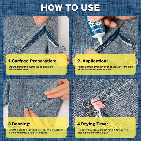 Instructions for using Clear Heavy Duty Fabric Glue For Clothes And Crafts, Extra Strong Adhesive That Dries Clear, 1.76 Oz on denim