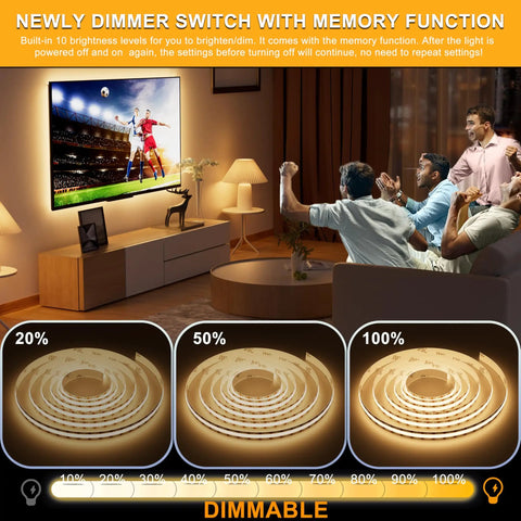 Dotless USB Powered LED Strip Lights 5V Dimmable 3000K Warm White 6.56ft TV backlight enhancing living room ambiance