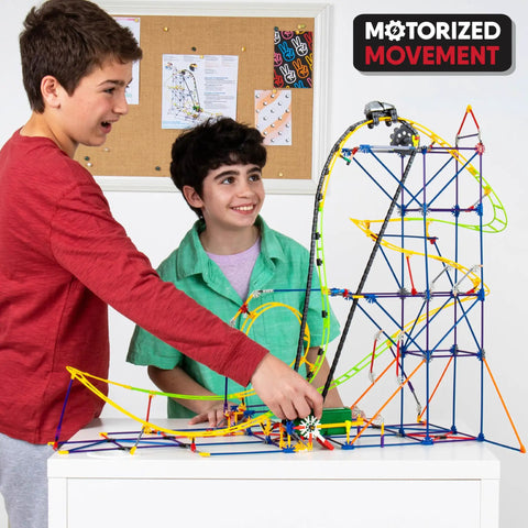 Roller Coaster Building Set With 546 Pieces And Motor Hands On STEM Toy For Ages 8 Plus Creative Building Kit For Solo Or Team Play Includes Ramp And Half Pipe Models. Boys assembling motorized coaster model