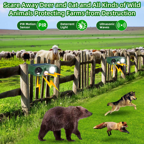 Ultrasonic Outdoor Animal Deterrent With Motion Sensor For Cats Squirrels And Other Critters Solar Powered Yard Shield on farm fence