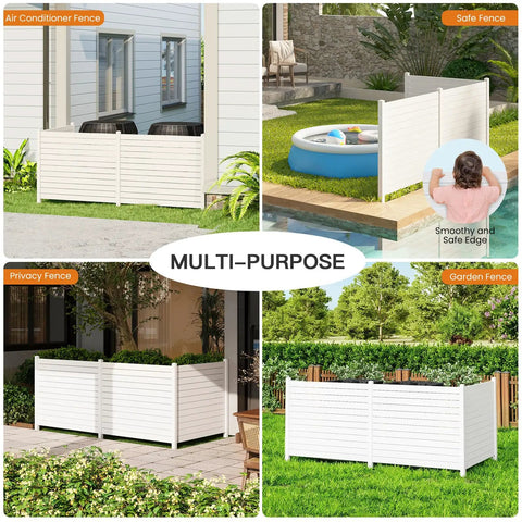 Four uses of Three Panel Backyard Privacy Fence White PVC 48 Inch Wide By 42 Inch High No Dig Privacy Screen in garden.