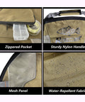 Vented Mesh Wader Bag With Foldable Changing Pad for fishing, showcasing zippered pocket, nylon handle, mesh panel, water-repellent.