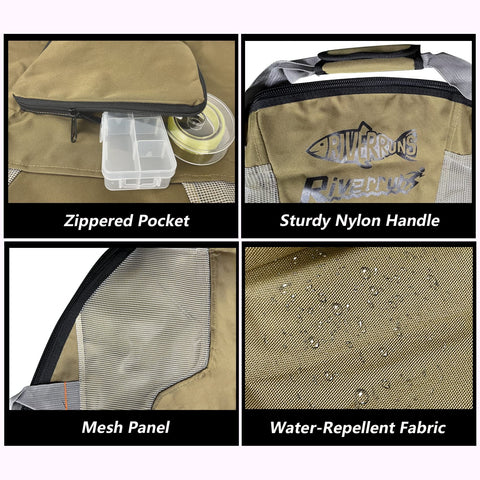 Vented Mesh Wader Bag With Foldable Changing Pad for fishing, showcasing zippered pocket, nylon handle, mesh panel, water-repellent.