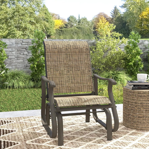 Outdoor Glider Chair For Patio With Steel Frame And Mesh Fabric Smooth Swing shown in garden setting