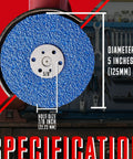 Close-up of 5-inch zirconia resin fiber sanding disc for angle grinder, showing 7/8-inch hole size and specifications.