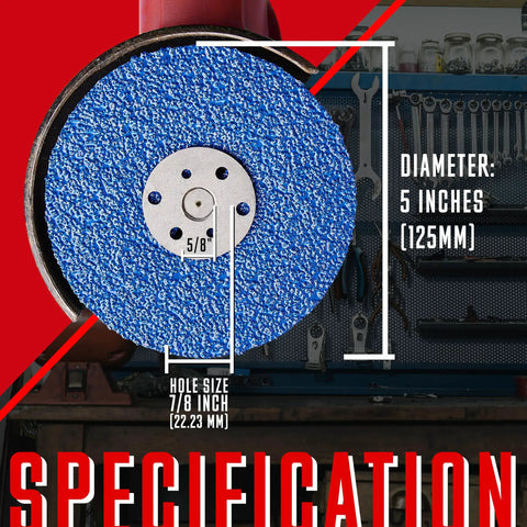 Close-up of 5-inch zirconia resin fiber sanding disc for angle grinder, showing 7/8-inch hole size and specifications.