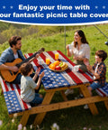 Family using American Flag Picnic Table Cover Set With Bench Covers For 72 By 30 Inch Tables And 72 By 12 Inch Benches Waterproof