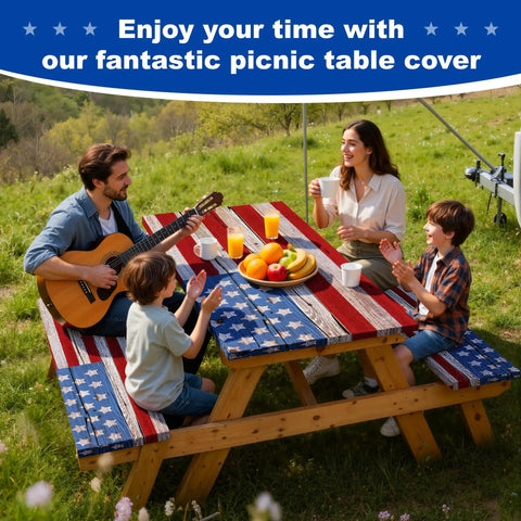 Family using American Flag Picnic Table Cover Set With Bench Covers For 72 By 30 Inch Tables And 72 By 12 Inch Benches Waterproof