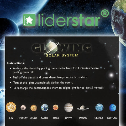 Glow In The Dark Space Wall Stickers Stars And Planets Set For Kids Room Ceiling Decals package with instructions and planet images.