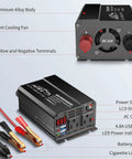 Top Shelf 400W DC To AC Car Power Inverter With 700 Watt Peak Juice And Hella Reliable Dual USB Fast Charging Ports Plus Crisp Digital Screen, features LCD, battery clips, and AC outlet.