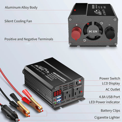 Top Shelf 400W DC To AC Car Power Inverter With 700 Watt Peak Juice And Hella Reliable Dual USB Fast Charging Ports Plus Crisp Digital Screen, features LCD, battery clips, and AC outlet.
