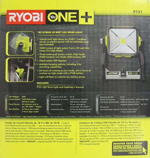 One Plus 1800 Lumen 18V Hybrid LED Work Light packaging with details and features.