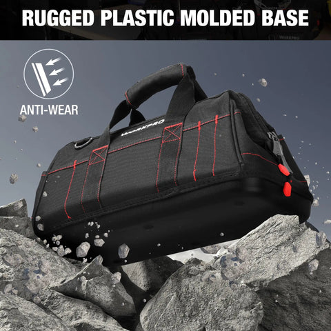 16 Inch Close Top Wide Mouth Tool Storage Bag With Waterproof Rubber Base on rocky surface, features a rugged design.