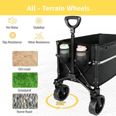 Collapsible Wagon Cart With 360 Degree Front Wheels 120L Heavy Duty Folding Utility Wagon for all-terrain use with ergonomic handle.