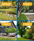 Outdoor landscapes including riverside, path, yard, and park settings suitable for Outdoor Solar Spotlight Set 3000K Warm White.