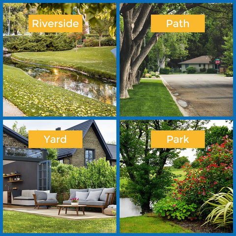 Collage of a yard, riverside, park, and path scenes for "Outdoor Solar Spotlight 6500K Daylight IP67 Waterproof" use.