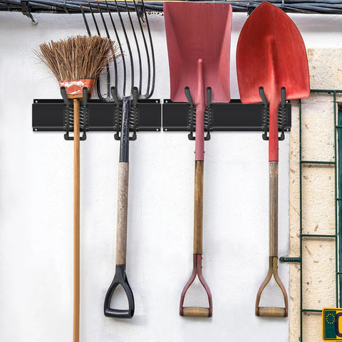 Garage Wall Mount Tool Organizer Rack With 6 Adjustable Heavy Duty Hooks For Garden And Lawn Tools Yard Gear Max Load 350 Lb Black Anthracite Finish Space Saving Hanger showing brooms, rakes, and shovels hanging in garage