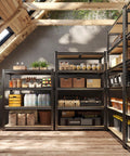 Heavy Duty 4 Tier 48 Inch Metal Shelving Unit With Easy Assembly For Home Garage 1600 Lb Capacity Rolled Edge Steel Columns Wide Open Shelves For Easy Access Storage with pantry items in a room