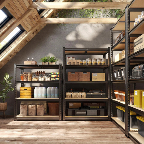 Heavy Duty 4 Tier 48 Inch Metal Shelving Unit With Easy Assembly For Home Garage 1600 Lb Capacity Rolled Edge Steel Columns Wide Open Shelves For Easy Access Storage with pantry items in a room