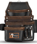 Premium Leather Tool Bag Pro 505 with oil-tanned grain leather 13 pockets and speed square pocket for carpenters' tool belt