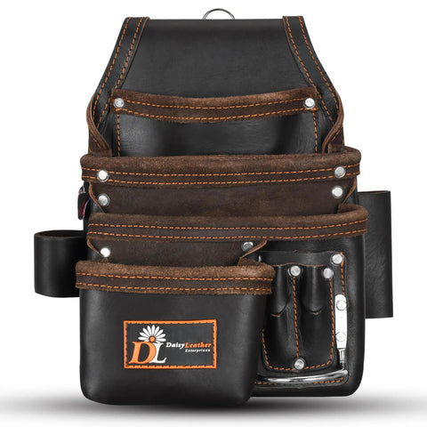 Premium Leather Tool Bag Pro 505 with oil-tanned grain leather 13 pockets and speed square pocket for carpenters' tool belt