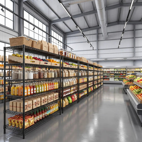 Beefed Up Storage Shelves With Adjustable Height, 3840 Lbs Capacity showcasing industrial shelving in warehouse setting.