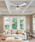 St James 52 Inch Ceiling Fan With Five Blades And Four Bulb Light Kit In Brushed Nickel With Alabaster Glass installed in living room