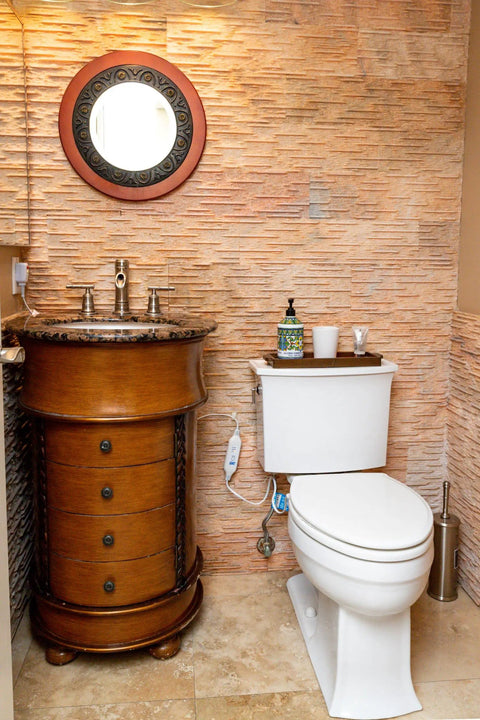 Bathroom with Cozy Elongated Toilet Seat Warmer With Quick HookAndLoop Mount Waterproof Electric Heated Seat Cover visible.