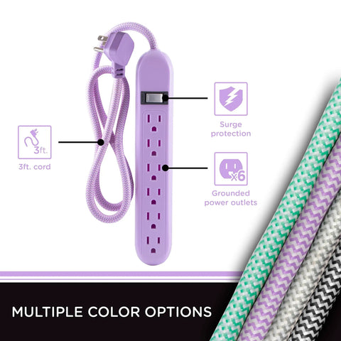 Lavender 6 Outlet Surge Protector Power Strip With Flat Plug And Braided Cord Wall Mountable 3 Ft Cord Tangle Free Decorative Look
