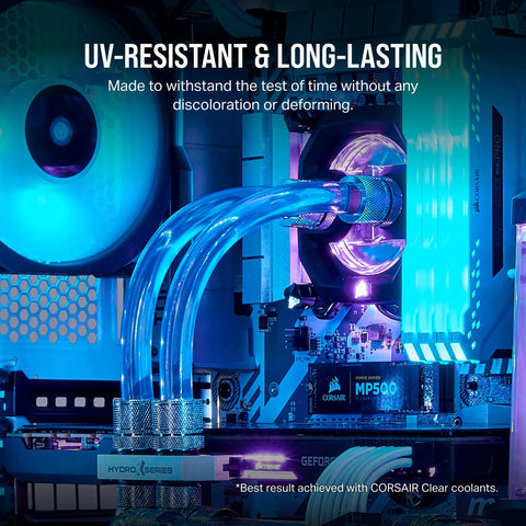 Clear PVC Tubing For PC Water Cooling That Lets You Show Off Your Coolant Flow 10mm Inner Diameter And 13mm Outer Diameter Flexible Three Eighths Inch To One Half Inch ID And OD UV Resistant See Through For Your Rig Hydro X Series Xt Softline Corsair installed in a PC.