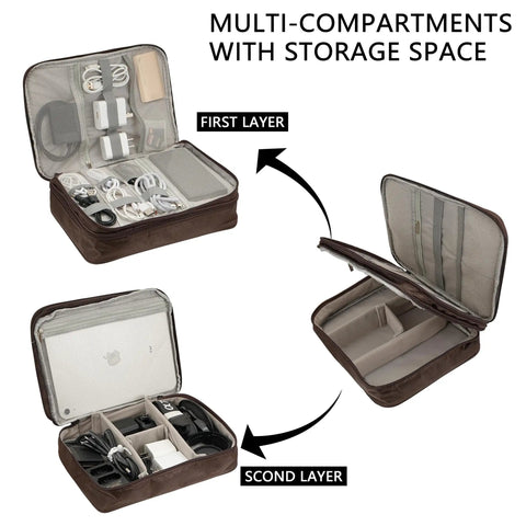 Waterproof Double Layer Electronics Organizer Bag For Cords, Chargers, Power Banks, Hard Drives And Mice in Classic Brown