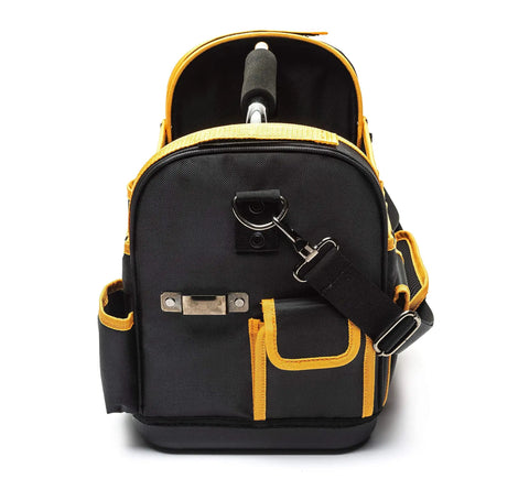 Front view of 16 Inch Handled Tool Tote Bag With Reinforced Bottom And Water Resistant Construction 42 Inch Removable Adjustable Strap With Padded Shoulder Built For Easy Tool Organization And Effortless Transport On The Jobsite