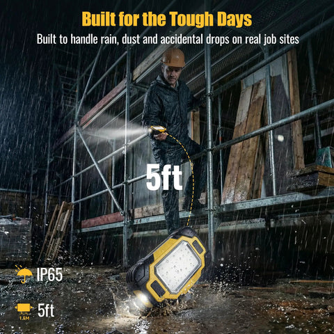 Rechargeable Magnetic Work Light With 8000mAh Battery, Dual COB LEDs, 8 Lighting Modes, IP65 Waterproof in rain on job site