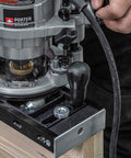Close-up of a router jig setup for Butt Hinge Template Kit with Fully Adjustable Router Jig DIY Friendly And Handles All Hinge Sizes And Positions From 2 Feet 6 Inches To 9 Feet Quick Accurate Square Or Radius Hinge Routing For Wood Doors And Frames.