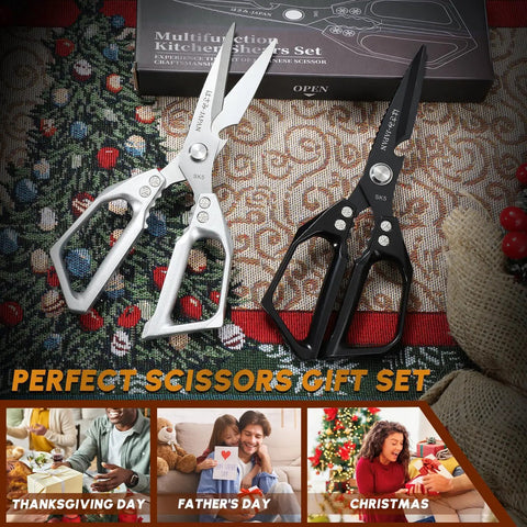 Two Color Kitchen Shears Set With Silver And Black Blades For Food Prep Japanese Steel Kitchen Scissors For Quick Cuts Built Tough Cooking Shears Made For Home Chefs And Everyday Kitchen Tasks, silver and black pair on box