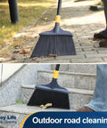 Heavy Duty Outdoor Broom With 54 Inch Reach For Courtyard Garage Lobby Mall Market Floors Pet Hair Debris Rubbish Clean All Purpose Indoor Outdoor Cleaning Tool in use on outdoor steps and patio
