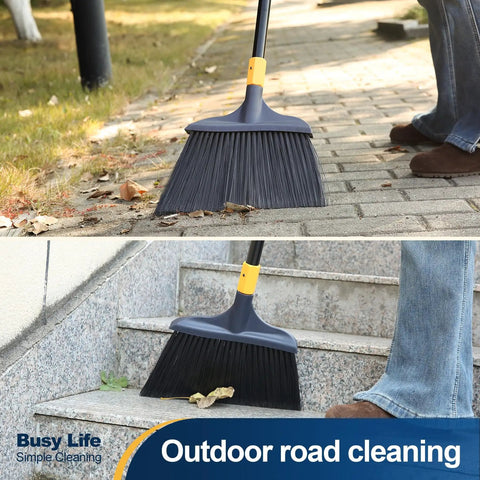Heavy Duty Outdoor Broom With 54 Inch Reach For Courtyard Garage Lobby Mall Market Floors Pet Hair Debris Rubbish Clean All Purpose Indoor Outdoor Cleaning Tool in use on outdoor steps and patio