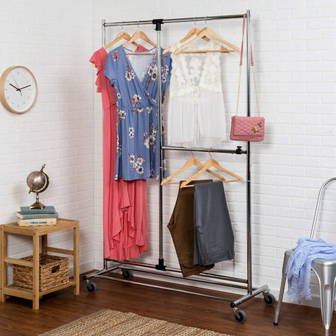 Heavy Duty Two Tier Garment Rack With Slick Chrome Frame And Smooth Rolling Locking Casters For A Straight Up Game Changer In Roomy Wardrobe Storage And Tight Organization