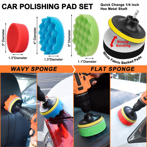 Car Detailing Kit With 26 Piece Pro Grade Polishing Pads Set In 3 Inch 4 Inch And 5 Inch Sizes Plus Drill Brushes Towels Microfiber Gloves Wool Pads Self Adhesive Discs For Drill Polisher And Buffer showing wavy and flat sponges in use