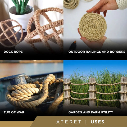 Collage showing uses of 3/8 Inch Manila Rope 600 Feet Twisted Three Strand Natural Fiber Rope for landscaping and nautical decor.