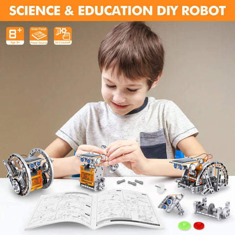 Boy building with 13-In-1 Solar Power Robot Kit For Kids And Teens Educational STEM Toy Set and robots on table.