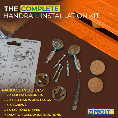 Complete handrail installation kit with Slipfix Railbolt Handrail Post To Post Fastening System For Stairs.