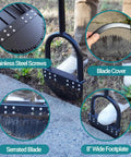 One Piece 41 Inch Manual Lawn Edger With Spring Steel Blade in use, showing serrated blade, footplate, and rubber handle
