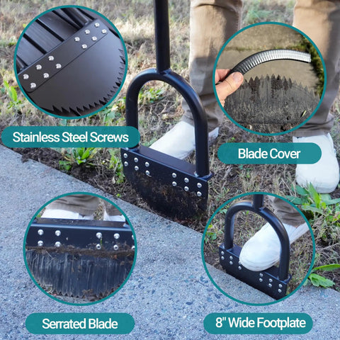 One Piece 41 Inch Manual Lawn Edger With Spring Steel Blade in use, showing serrated blade, footplate, and rubber handle